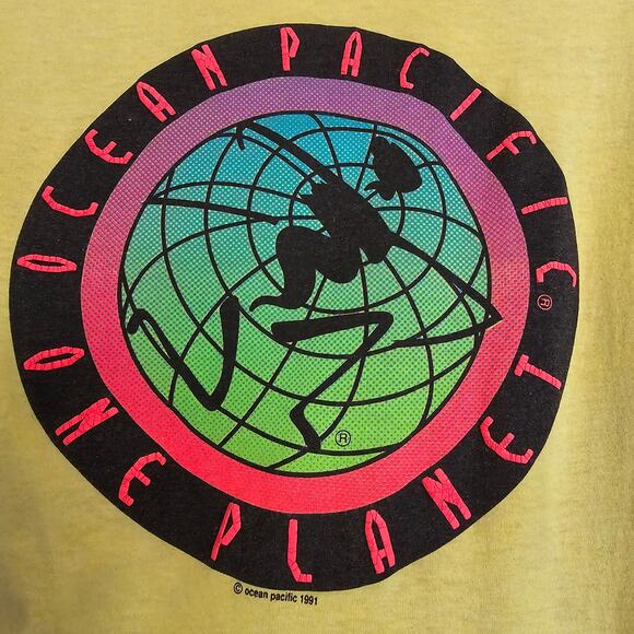 OP Vintage Retro 90's Yellow Ocean Pacific One Planet Graphic T-Shirt Size M - Picture 4 of 9